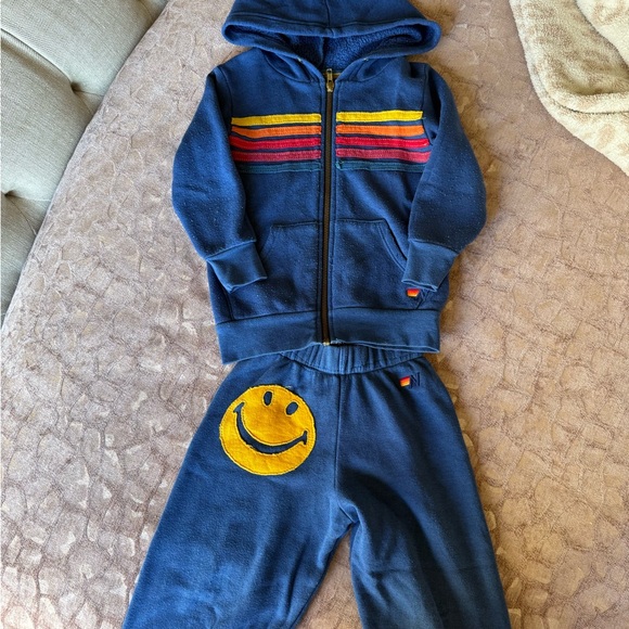 Aviator Nation Other - Aviator Nation Kids Blue Joggers with Smiley Face and Stripped Blue Hoodie Set